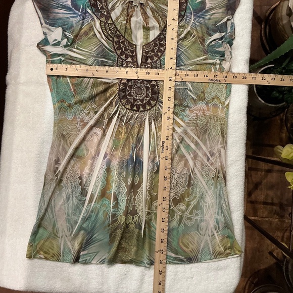 NWOT One World Tunic Green Blue Brown Rhinestones L - Picture 3 of 3